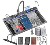 Fregadero Cocina Multifuncional Acero Inoxidable 1 Seno, Negro 80x45x22cm | Grifo de cascada, Pantalla De Temperatura Led, Grifo ExtraíBle, Drenaje RáPido, Compatible Con Utensilios De Cocina Grandes