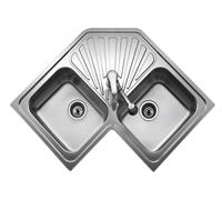 Fregadero cocina teka angular sobre encimera 2 senos con sifón 83x83 cm acero inox mueble a partir de 90 cm