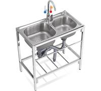 Fregadero de acero inoxidable con patas de acero independientes, con mesa de trabajo y grifo mezclador para calor frío, doble fregadero, para garaje, taller, lavandería, camping