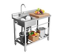 Fregadero de acero inoxidable de 80 x 55 cm, fregadero de cocina independiente con grifo giratorio 360°, fregadero estable para camping con patas ajustables, drenaje rápido y fácil limpieza para la