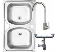 DomoDomo - Fregadero doble, sobreencimera, fregadero de 2 cubetas, acero inoxidable 80x50 cm + orificio para grifo + mezclador + sifón
