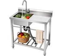 Fregadero de acero inoxidable de un solo seno, fregadero de cocina independiente con encimera y bajo mueble, fregadero industrial, mesa de trabajo con lavabo, fregadero profesional (80x55x84 cm, lado