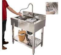 Fregadero de acero inoxidable independiente, gran lavabo individual con escurridor y grifo extraíble, fregadero industrial para cocina, armario fregadero para uso doméstico, lavadero (75x50x90 cm, pla