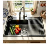 Fregadero de acero inoxidable negro de 80x50 cm, 1 seno. Con grifo de cocina extraíble, gran fregadero de acero inoxidable para cocina y bar, con escurridor para vajilla, dispensador de jabón y grifo
