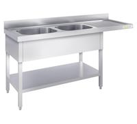 Fregadero de acero inoxidable para lavavajillas, de doble cuba, con dimensiones de 1800 x 700 mm, con escurridor a la derecha, modelo PREMIUM de la marca GOLDINOX