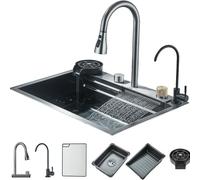 Fregadero de acero inoxidable rectangular, empotrable, con grifo de efecto cascada y dispensador de jabón
