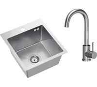 Fregadero de acero inoxidable VBChome con grifo, 40 x 45 cm. Fregadero de acero inoxidable cepillado, encimera, con orificio para el grifo. Fregadero de cocina de acero inoxidable, grande, con desagüe