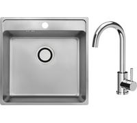 Fregadero de acero inoxidable VBChome con grifo, 49 x 48 x 21 cm. Acero inoxidable, superficie lisa. Fregadero empotrable de acero inoxidable con orificio para el grifo. Fregadero de cocina grande, co