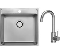 Fregadero de acero inoxidable VBChome con grifo, 49 x 48 x 21 cm. Acero inoxidable, superficie lisa. Fregadero empotrable de acero inoxidable con orificio para el grifo. Fregadero de cocina grande, co
