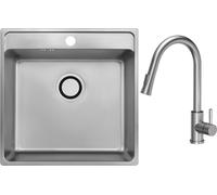 Fregadero de acero inoxidable VBChome con grifo, 49x48x21 cm. Acero inoxidable, superficie lisa. Fregadero empotrable de acero inoxidable con gran capacidad, con orificio para el grifo. Incluye sifón 