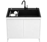 Fregadero De Aluminio Alveolar Con Juego De Drenaje Y For Lavadero, Garaje | Fregadero Cocina Inoxidable Negro Con Grifo, Almacenamiento De Una Sola Capa(White,L68cmxW45cmxH85cm)