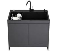 Fregadero De Aluminio Alveolar Con Juego De Drenaje Y For Lavadero, Garaje | Fregadero Cocina Inoxidable Negro Con Grifo, Almacenamiento De Una Sola Capa(Gray,L80cmxW45cmxH85cm)