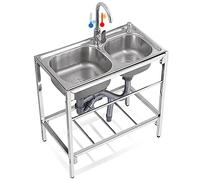 Fregadero de banco de trabajo de acero inoxidable con patas - Fregadero multiusos de 80 cm con grifo mezclador caliente y frío, ideal para uso en interiores y exteriores, solución versátil de cocina y