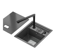 Fregadero de bar oculto, 45 x 50 cm, con grifo regulable en altura | Acero inoxidable 304 negro, incluye placa de cubierta/enjuague de cristal, apto para cocina y autocaravana.