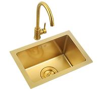 Fregadero de Barra de Cocina Dorado empotrable/bajo Montaje, Fregadero de Granja con tubería de Agua, Fregadero de estación de Trabajo de un Solo tazón de Acero Inoxidable para RV, hogar (55 cm)