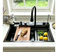 Fregadero de cascada de 85 x 50 cm, 1 lavabo de acero inoxidable, fregadero de cocina grande, fregadero de cocina con grifo de gas y grifo de 4 vías, pantalla digital con accesorios