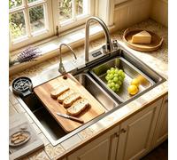 Fregadero de cascada de 85x50cm, 1 pila rectangular, gran fregadero de acero inoxidable cepillado para cocina - fregadero de trabajo con grifo extraíble, sifón, desbordamiento y desagüe