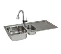 Fregadero de Cocina 1 Seno+Escurridor Sobre Encimera en Acero Inoxidable 105x50cm con Grifo Padstow+Kit para Drenaje y Fontanería GRATIS Lavaplatos Pila Cocina 1 Seno+ Escurridor para Lavar Platos