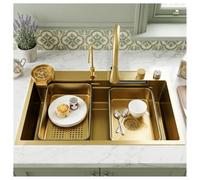Fregadero de Cocina 68x45 cm Dorado con Cascada, 1 Cubeta, Multifuncional Estación de Trabajo Con Cascada, con Grifo cascada y extraíbl, Lavavasos, Cesta Escurridora, Sifón y kit de desagüe