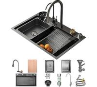 Fregadero de cocina, 80 x 50 cm, de acero inoxidable, negro, gris, 1 pila, gran espacio de trabajo, con grifo de cocina, 2 cestas de escurrido, tabla de cortar, dispensador de jabón, enjuague