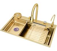 Fregadero de Cocina 80x45 cm, Golden Waterfall, Acero Inoxidable 304, Lavabo Un Solo Tazón, Borde Cascada, Cuerpo Grueso 4 mm, Resistente y Fácil Limpiar, para Verduras Ollas Grandes