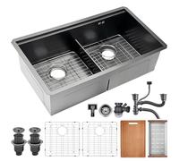 Fregadero de cocina con 2 cuencos, de acero inoxidable, 80 x 50 cm, color negro antracita, fregadero de cocina con escurridor, fregadero empotrable, con sifón, tubo de drenaje, empotrable/superior (D
