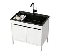 Fregadero de cocina con mueble de aluminio con estructura alveolar | Fregadero de acero inoxidable con grifo de agua fría y caliente, y cesta escurridora para uso interior y exterior