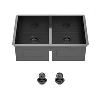 Fregadero de cocina de 30 pulgadas, color negro plomizo, doble tazón, 50/50 | Zeayoun Fregaderos dobles de acero inoxidable T304 de baja división 18 Gague hechos a mano, fregaderos dobles grandes y