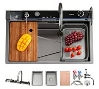 Fregadero de cocina de 80 x 50 cm, 1 bañera, fregadero de cocina en cascada de acero inoxidable, fregadero de cocina negro antracita, fregaderos de cocina con grifo extraíble, sifón, dispensador de
