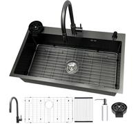 Fregadero de cocina de 80 x 50 cm, Acero Inoxidable negro, Gran fregadero rectangular,con grifería, escurreplatos,incluye dispensador de jabón y sifón,con 3 agujeros para grifo