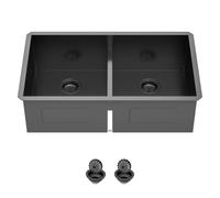 Fregadero de cocina de 83 cm, color negro plomizo, de doble tazón, 50/50 | Zeayoun Fregaderos dobles de acero inoxidable T304 de baja división 18 Gague hechos a mano, fregaderos dobles grandes y