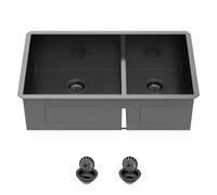 Fregadero de cocina de 83 cm, color negro plomizo, de doble tazón, 60/40 | Zeayoun Fregaderos dobles de acero inoxidable T304 de baja división 18 Gague hechos a mano, fregaderos dobles grandes y