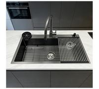 Fregadero de cocina de 85 x 50 cm, fregadero con grifo, negro antracita de acero inoxidable, 1 lavabo de cocina, moderno y grande, con estante para fregadero, escurridor, dispensador de jabón, sifón