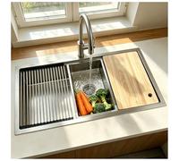 Fregadero de cocina de 90 x 50 cm, con textura mate, de acero inoxidable, 1 lavabo empotrable, con escurridor, tubo de drenaje, tabla de cortar, gran cuadrado individual, para restaurante familiar
