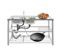 Fregadero de cocina de acero inoxidable, 2 cuencos, 3 niveles, de acero inoxidable con grifo, fregadero gastro para cocina, restaurante, camping, 120 x 45 x 80 cm, incluye accesorios y escurridor