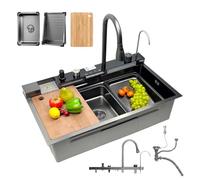 Fregadero de cocina de acero inoxidable, 80 x 50 cm, color negro con grifo multifunción, 1 lavabo con grifo extensible, tubo de drenaje, sifón, lavavajillas para vasos, fregadero grande