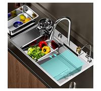 Fregadero De Cocina De Acero Inoxidable Con Cascada Integrada Y Grifo Desplegable - Tazón Grande Con Nano Revestimiento - Kit De Estación De Trabajo De Granja (Color: Silv)