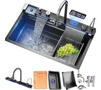 Fregadero de cocina de acero inoxidable con grifo de cascada y pantalla integrada, modelo de doble seno