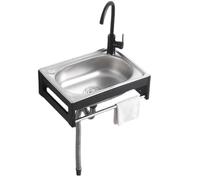 Fregadero de cocina de acero inoxidable con soporte, fregadero de pared para lavandería, garaje, uso en interiores y exteriores, grado industrial, 53 x 38 x 16 cm, grifo de agua fría individual