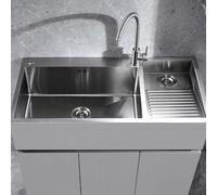 Fregadero de cocina de acero inoxidable con tabla de lavar, para el hogar, piscina, balcón, habitación, lavabo, fácil de limpiar, doble cuba (con grifo, 800 mm/31,5 pulgadas)