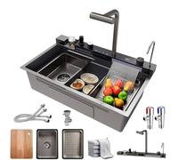 Fregadero de Cocina de Acero Inoxidable Moderno Multifunción Compatible con macetas grandes de 30 cm, con Cascada, Desagüe, Grifo Extraíble, Tabla de Cortar y Dispensador de Jabón (Negro, 80x45cm)