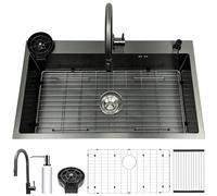 Fregadero de cocina de acero inoxidable negro de 80 x 50 cm, cuenco individual con grifo, escurridor, compatible con lavavajillas, dispensador de jabón, incluye sifón, gran actualización de cocina