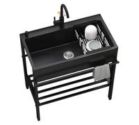 Fregadero de Cocina de Acero Inoxidable Negro Pila Lavadero Multifuncional para Restaurante Garaje Industrial Lavandería (90×45×86cm)