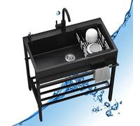 Fregadero de cocina de acero inoxidable para exteriores, fregadero portátil de restaurante comercial con grifo, diseño de cuenco único para garaje, jardín, camping, baño (80 x 45 x 86 cm)