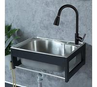 Fregadero de cocina de acero inoxidable para montaje en pared con grifo extraíble, fregadero comercial de un solo tazón para exteriores, lavandería, patio trasero, tamaño de 58 pulgadas, 1
