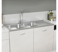 Fregadero de cocina de la marca Living Store, con doble cuba, color plateado, dimensiones 1200x500x155 mm, fabricado en acero inoxidable