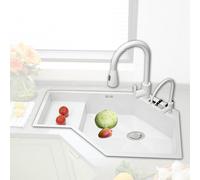 Fregadero de cocina esquinero blanco de 80 x 60 cm, fregadero multifuncional de acero inoxidable con soporte para cuchillos, grifo giratorio de 360° y drenaje (61 x 78.7 cm)