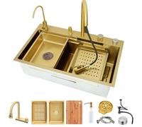 Fregadero De Cocina Gold Nano Waterfall - Fregadero De Encimera Con Grifo Extraíble, Lavavasos, Tabla De Cortar Y Escurridor - Acero Inoxidable, Sistema De Drenaje De Agua Eficiente(75x45cm)