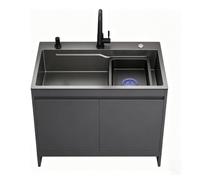 Fregadero de Cocina Independiente Acero Inoxidable con Mueble Bajo & Grifo | Lavadero Comercial, Cesta de Desagüe y Armario para Restaurante, Lavandería, Garaje(B-Grey,L:80cm)
