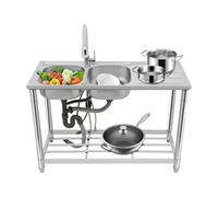 Fregadero de cocina independiente de 120 cm con 2 lavabos y grifo extensible de 360°, de acero inoxidable, con desagüe y superficie de almacenamiento, con patas ajustables